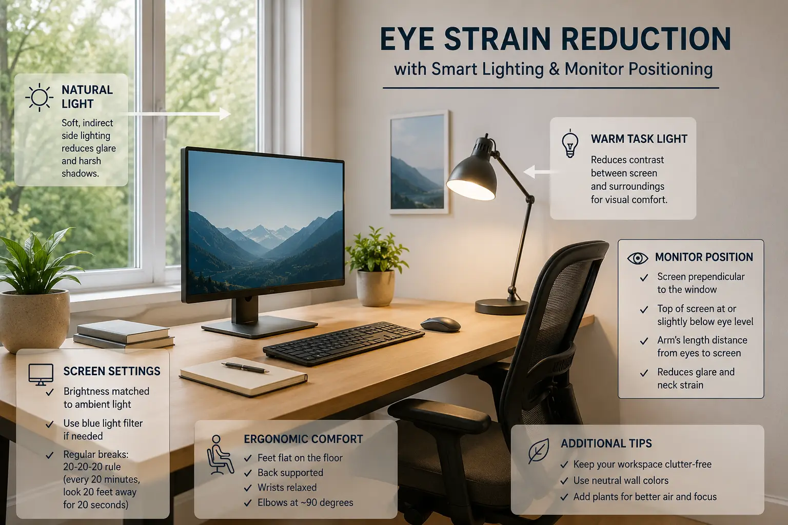 Home Office Lighting Setup Guide for Eye Strain Reduction and Screen Comfort.